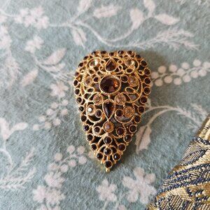 Old Golden heart of topaz and glass gemstones pin